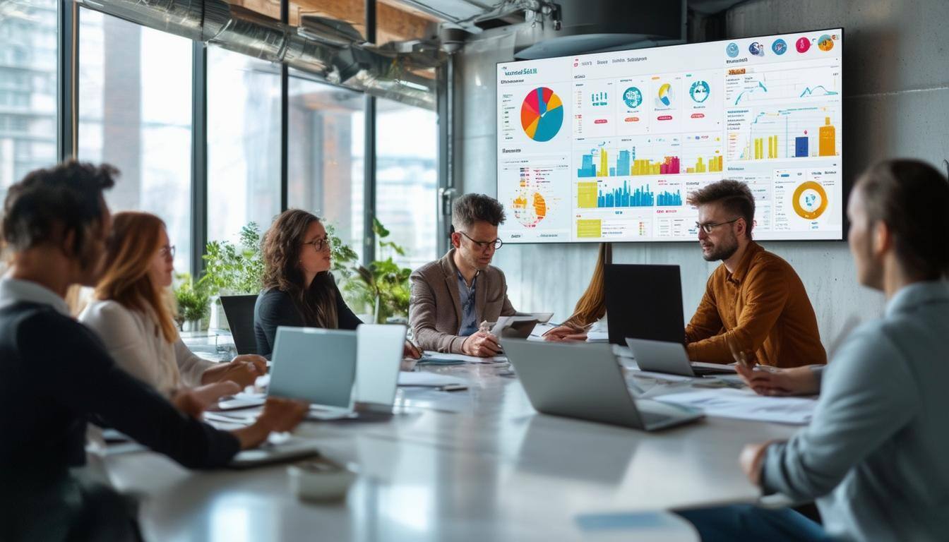 Bildet viser et elegant, moderne kontorlokale med store vinduer som slipper inn naturlig lys