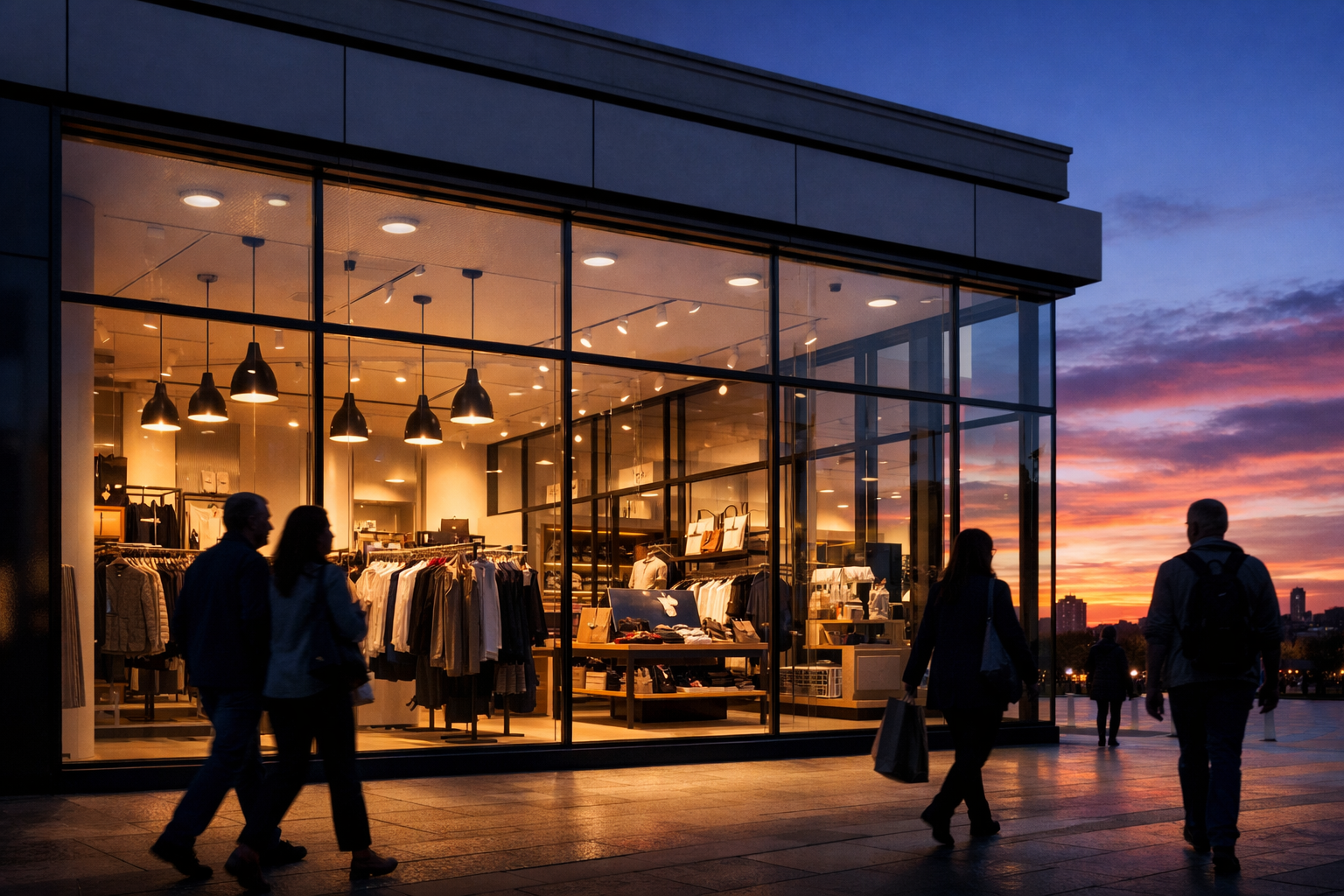 photographic A modern UK retail store stands at dusk its sleek glass facade reflecting the soft fading light of the evening sky Inside the warm glow o