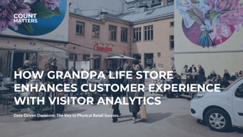 Utomhusscen vid Grandpa Life Store, en skandinavisk livsstilsbutik, med människor som njuter av en caféliknande miljö. Count Matters-logotypen syns i det övre vänstra hörnet, och textöverlägget belyser hur besöksanalys förbättrar kundupplevelsen