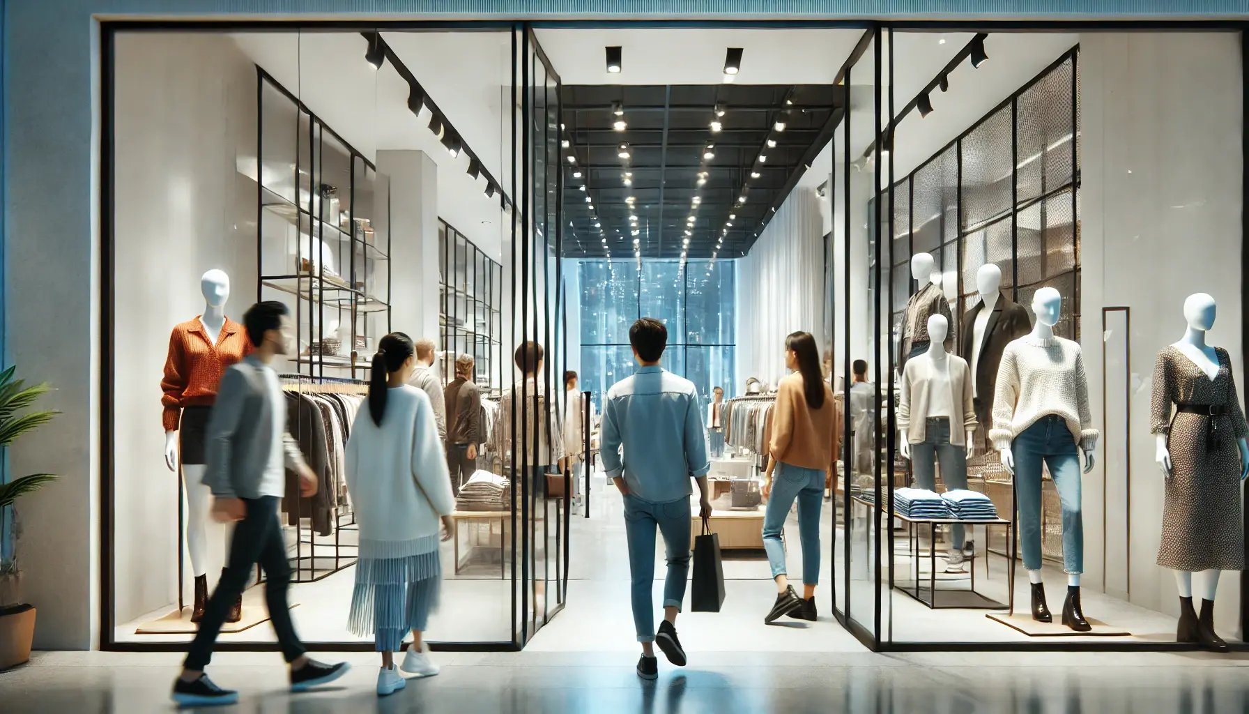 DALL-E 2024-12-20 09.27.22 - En realistisk scene av mennesker som går inn i en moderne klesbutikk. Butikken har glassdører, sterk belysning og en innbydende atmosfære. Kunder av v