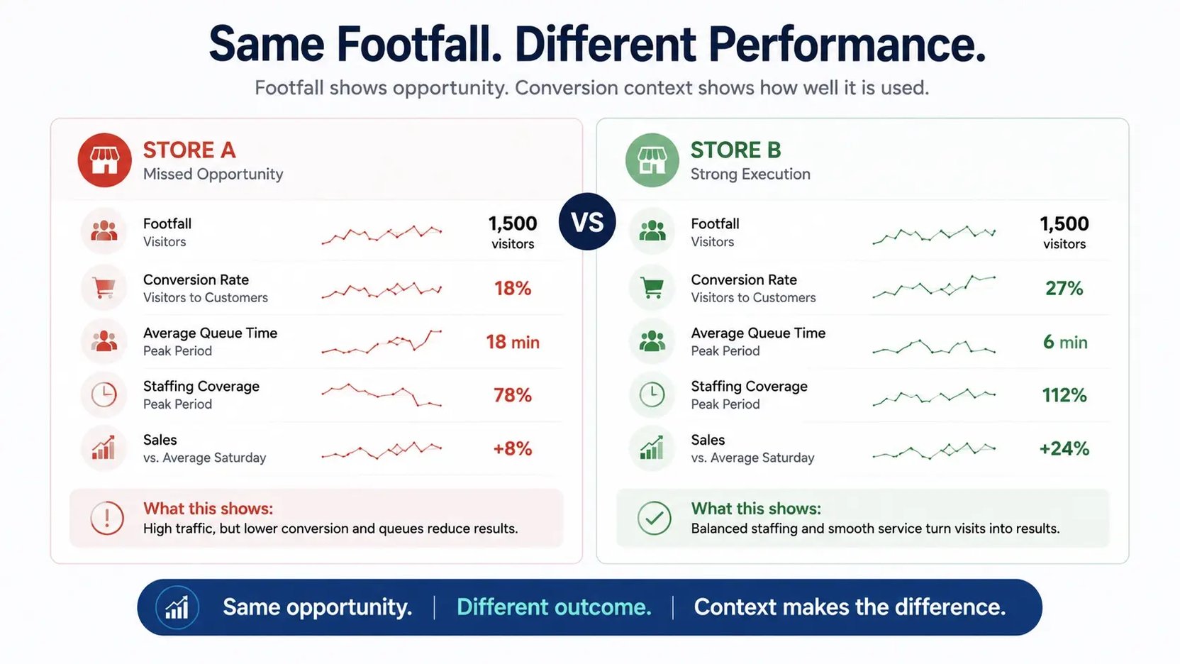 Comparison of two stores with the same footfall but different conversion rates, queue times, staffing coverage, and sales performance.