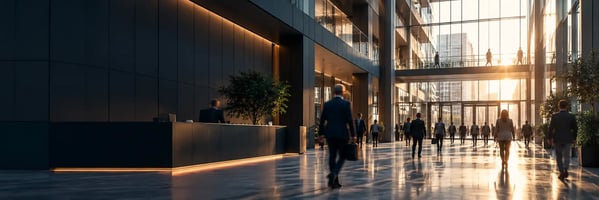 Modern commercial building interior illustrating building occupancy analytics and visitor flow patterns.