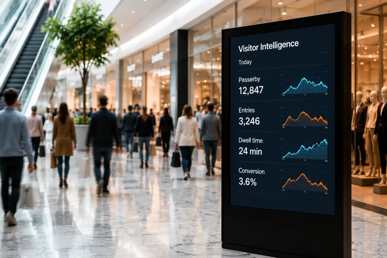 
  Shopping environment with visitors and Visitor Intelligence data showing passerby traffic, entries, dwell time, and conversion
