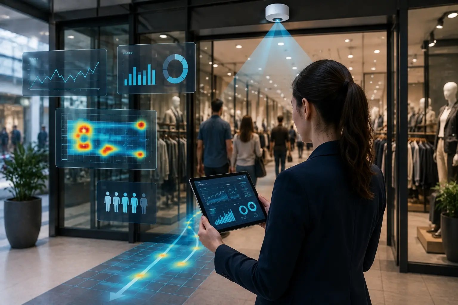 Retail manager using visitor intelligence to understand customer flow, conversion, dwell time and staffing demand