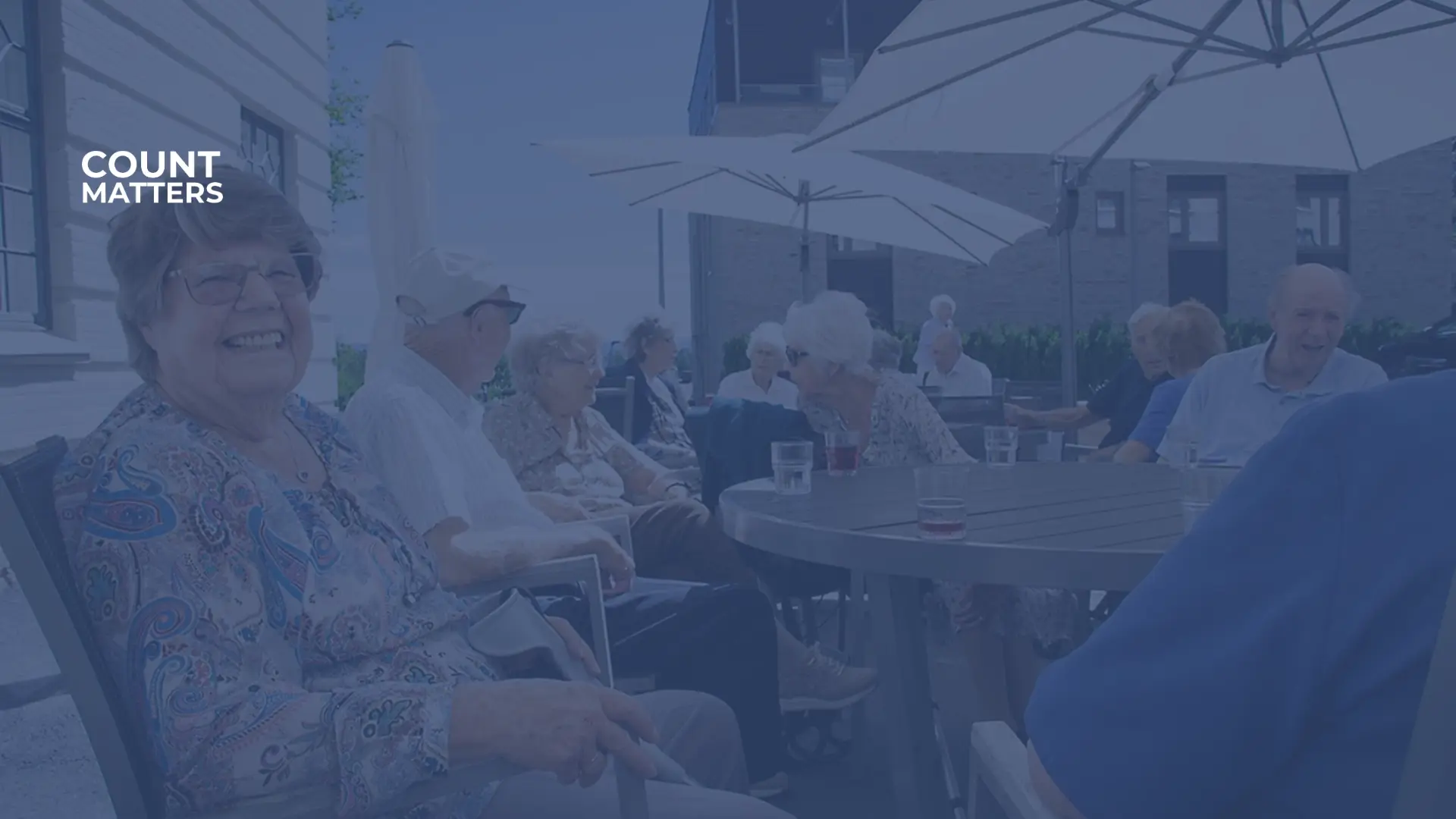 Äldre personer umgås utomhus på en vårdinrättning, vilket illustrerar hur CountMatters hjälper till att övervaka besökaraktivitet och utrymmesanvändning i äldre miljöer.