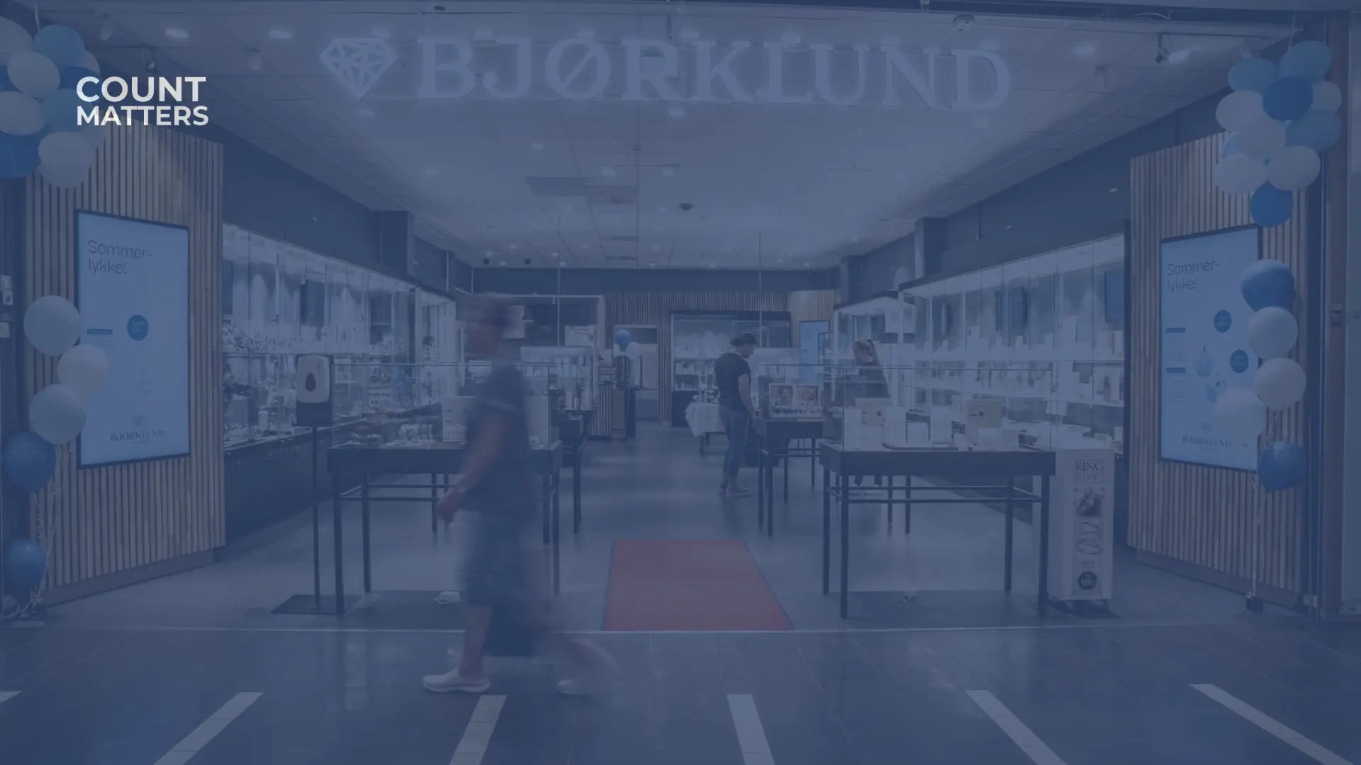 Customers entering a Bjørklund jewelry store in a shopping mall, used to measure in-store footfall and conversion analytics with CountMatters.