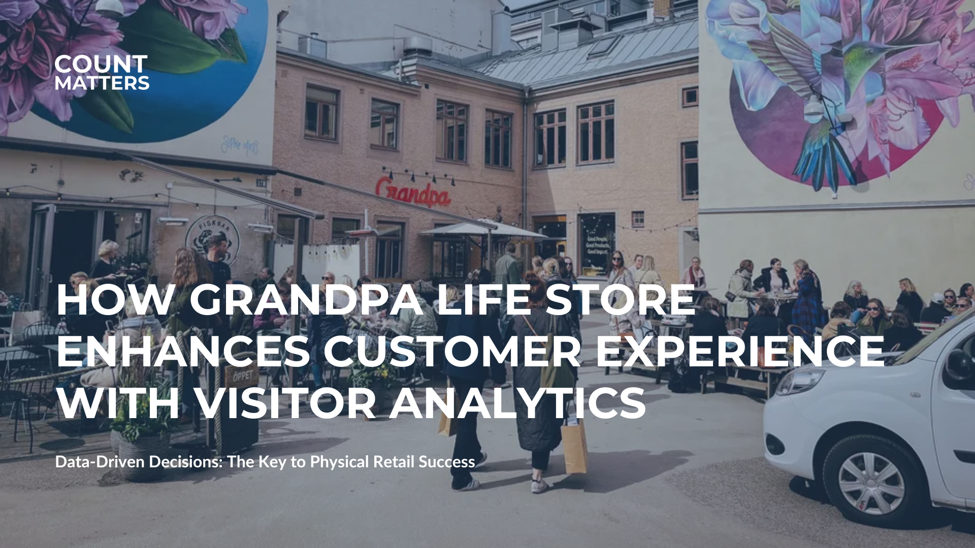Outdoor scene at Grandpa Life Store, a Scandinavian lifestyle boutique, with people enjoying a café-style setting. The Count Matters logo is visible in the top left corner, and the text overlay highlights how visitor analytics enhances customer experience