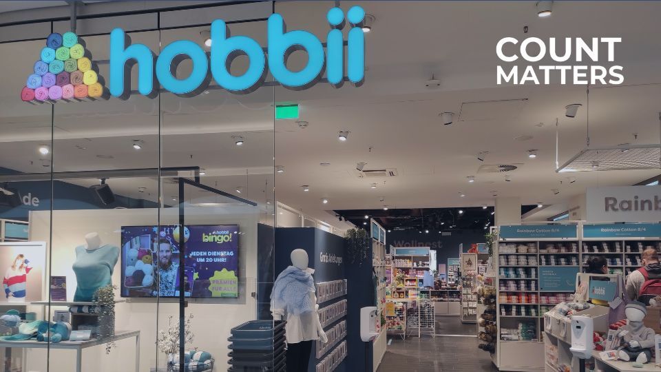 Hobbii retail store entrance with yarn displays and mannequins, ideal for illustrating footfall analytics, visitor counting, and store performance optimization with CountMatters, logo in corner.