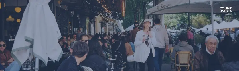 Belebtes Außencafé und Fußgängerzone mit Menschen, die essen und spazieren gehen. Ideal für die Veranschaulichung von Besucheranalysen, die Überwachung der Sitzplatzbelegung im Freien und die Optimierung des Stadtverkehrs mit CountMatters, Logo in der Ecke.
