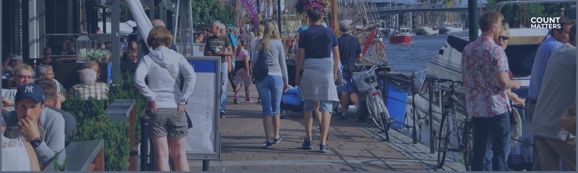 Folk går langs en havnepromenade med udendørs restauranter og både. Ideel til at illustrere analyser af fodgængerstrømme, besøgstendenser og smart byplanlægning med CountMatters logo i hjørnet.