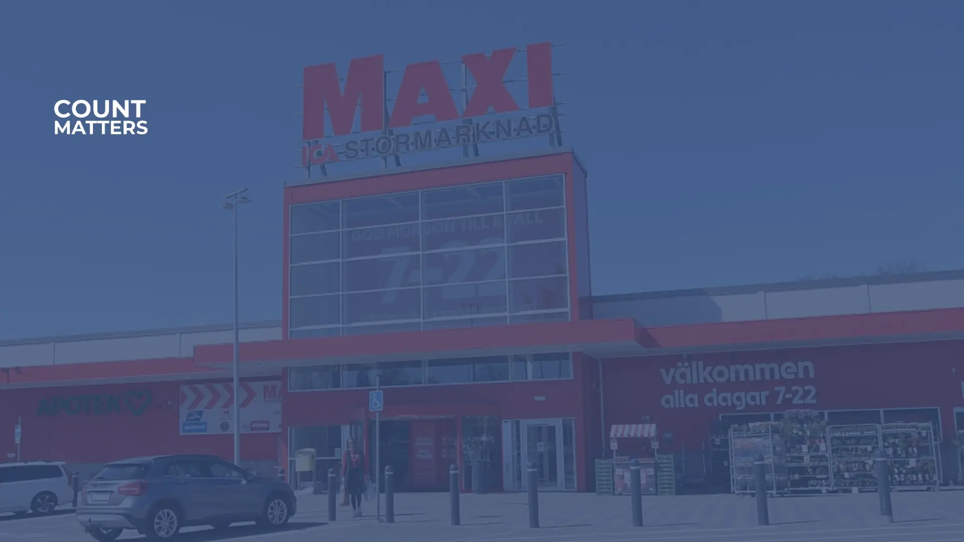 Indgang til ICA Maxi supermarked med kunder og parkerede biler, brugt til at analysere butikkens besøgstal og besøgstendenser med CountMatters.
