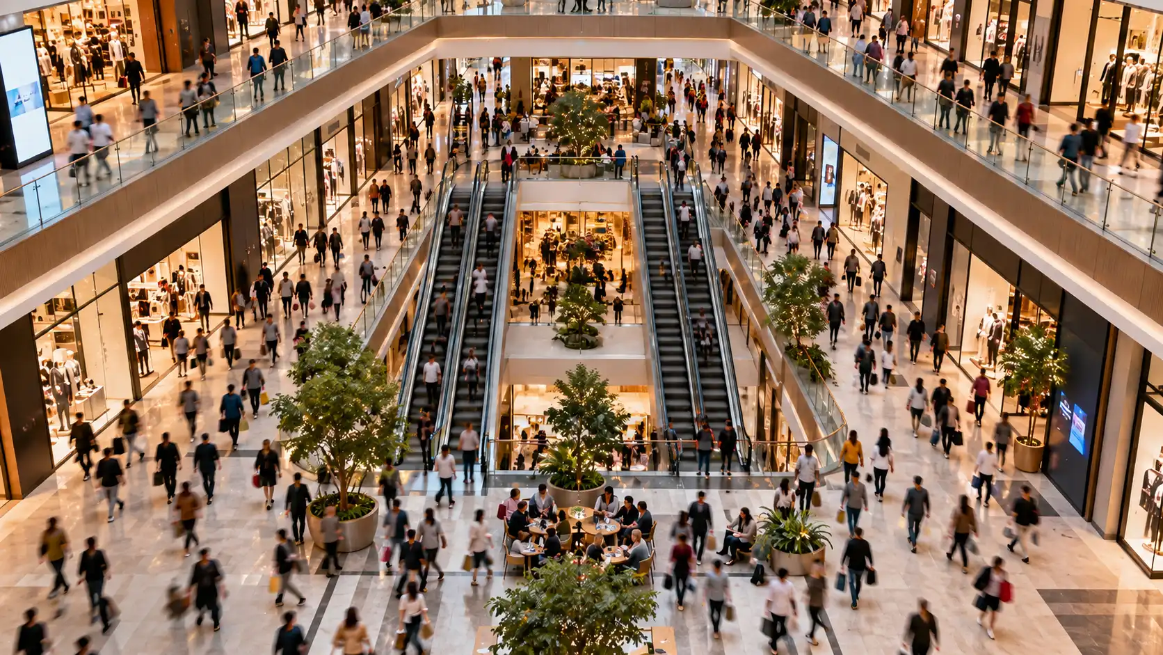**ALT text:** “Busy multi-level shopping centre with visitors moving between stores, escalators and shared spaces.”